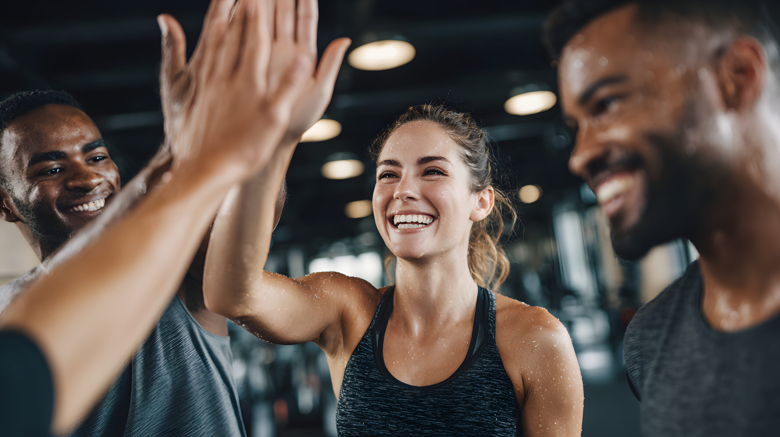 A diverse group high-fiving after a morning fitness workout, showcasing the community of a Training Mate class.